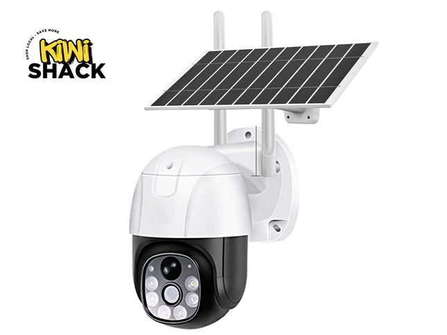 Solar-powered security camera with a solar panel on a white background, featuring the Kiwi Shack brand.