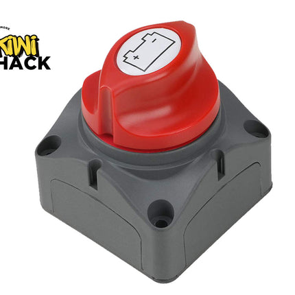 Gray switch with red knob featuring a battery icon on a white background, branded 'Kiwi Shack'.