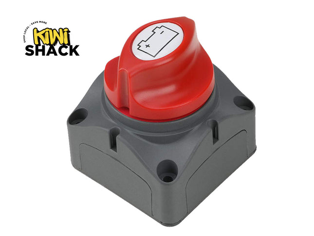 Gray switch with red knob featuring a battery icon on a white background, branded 'Kiwi Shack'.