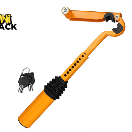 Kiwi Shack anti-theft steering wheel lock with adjustable telescoping shaft and two tubular keys.