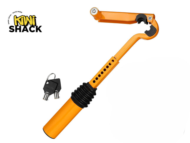Kiwi Shack anti-theft steering wheel lock with adjustable telescoping shaft and two tubular keys.