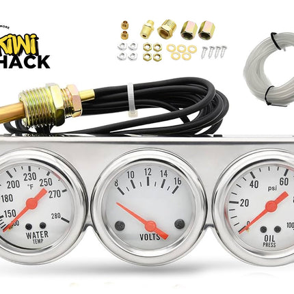 Triple gauge set with water temperature, volts, and oil pressure indicators on a white background, featuring Kiwi Shack branding.