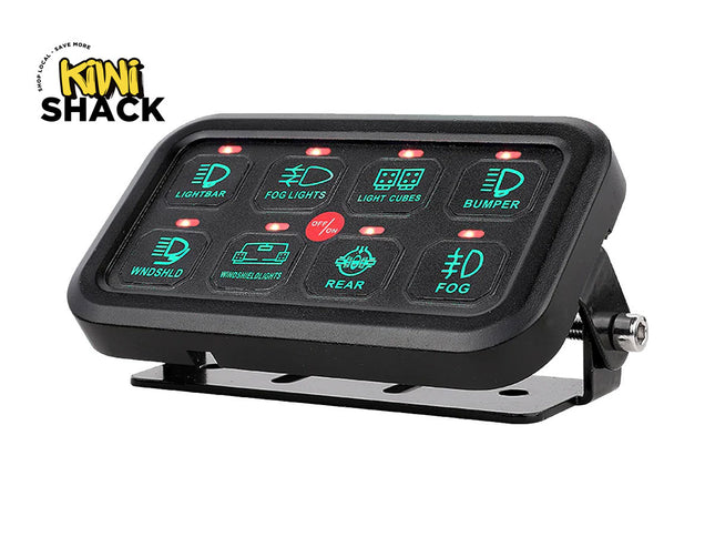 Control panel with illuminated buttons on a white background, branded with 'Kiwi Shack'.