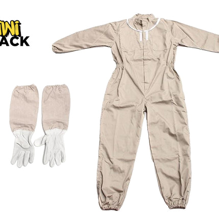Beige beekeeping suit with gloves on a white background, featuring the Kiwi Shack logo.