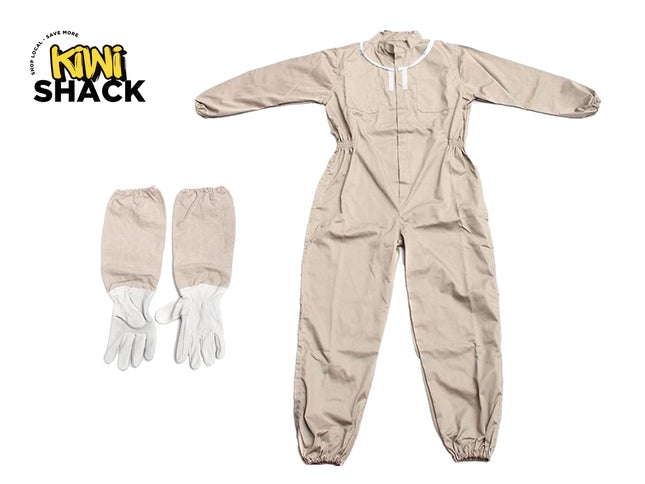 Beige beekeeping suit with gloves on a white background, featuring the Kiwi Shack logo.