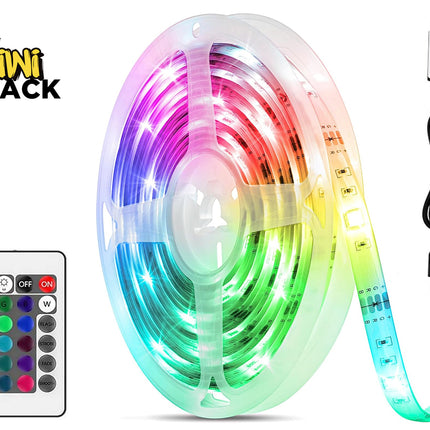 A roll of multicolor RGB LED strip lights complete with a wireless remote control and a USB controller cable, featuring the "Kiwi Shack" logo in the top-left corner.
