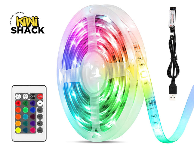 A roll of multicolor RGB LED strip lights complete with a wireless remote control and a USB controller cable, featuring the "Kiwi Shack" logo in the top-left corner.