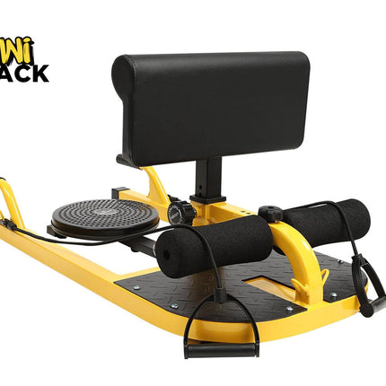 Yellow and black exercise machine with 'Kiwi Shack' branding on a white background