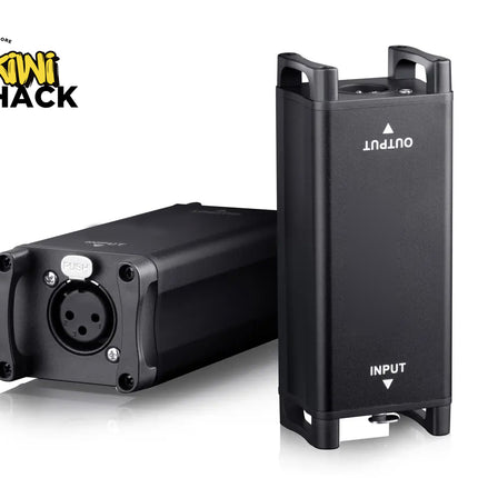 Two black audio interface devices with input and output ports on a white background, featuring the Kiwi Shack logo.