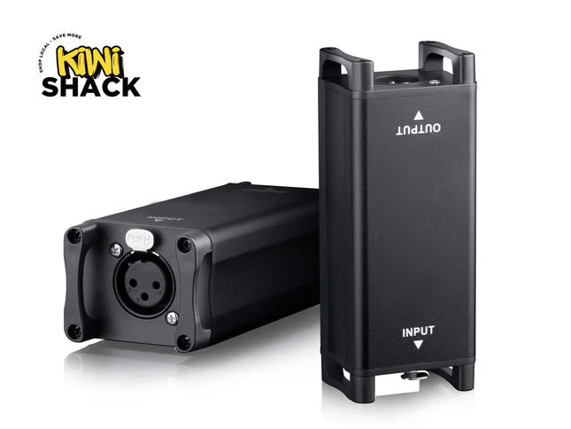 Two black audio interface devices with input and output ports on a white background, featuring the Kiwi Shack logo.