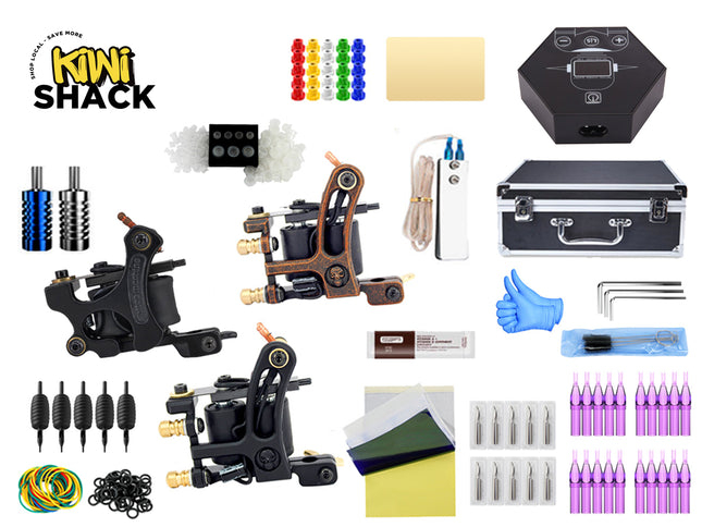 Tattoo kit with various tools and supplies on a white background, featuring the Kiwi Shack brand.