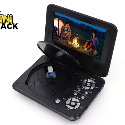 Portable DVD player with screen displaying a scene of people around a campfire, branded 'Kiwi Shack'.