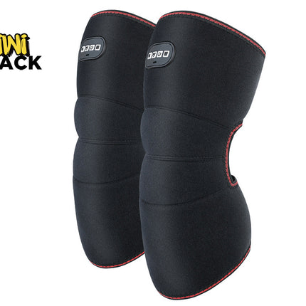 A pair of black neoprene knee pads with red piping trim and a small white logo, shown on a white background with the Kiwi Shack logo in the top-left corner.