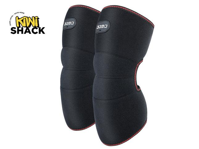 A pair of black neoprene knee pads with red piping trim and a small white logo, shown on a white background with the Kiwi Shack logo in the top-left corner.