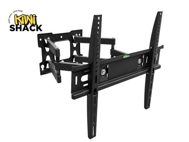 Black TV wall mount with Kiwi Shack logo on a white background