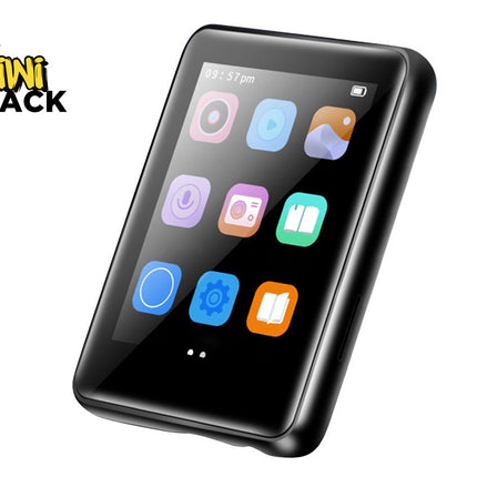 A black portable media player or tablet device with a glossy screen displaying colorful app icons, shown on a plain white background with a Kiwi Shack logo in the top-left corner.