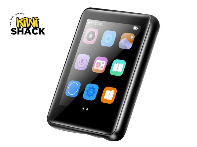 A black portable media player or tablet device with a glossy screen displaying colorful app icons, shown on a plain white background with a Kiwi Shack logo in the top-left corner.
