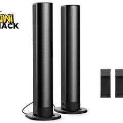 Two black cylindrical speakers with additional components on a white background, featuring the Kiwi Shack logo.