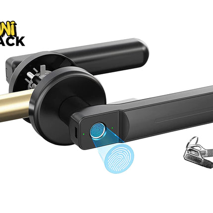 Black electronic smart door lock with a fingerprint scanner, shown with keys and a blue fingerprint graphic on a white background, featuring the KINI SHACK logo.