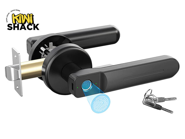 Black electronic smart door lock with a fingerprint scanner, shown with keys and a blue fingerprint graphic on a white background, featuring the KINI SHACK logo.