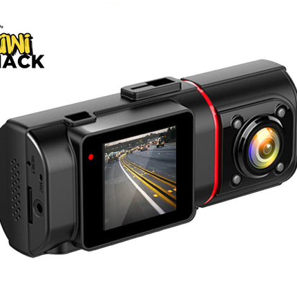 Car dashboard camera with screen displaying road view, branded 'Kiwi Shack'.