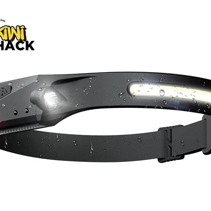 Headlamp with reflective strip on a white background, featuring the Kiwi Shack logo.
