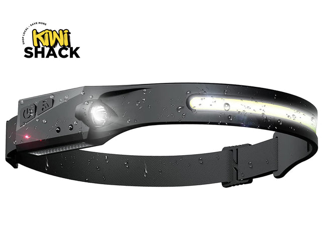 Headlamp with reflective strip on a white background, featuring the Kiwi Shack logo.