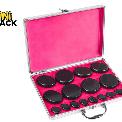 Set of black stones in a silver case with pink interior, branded 'Kiwi Shack'.