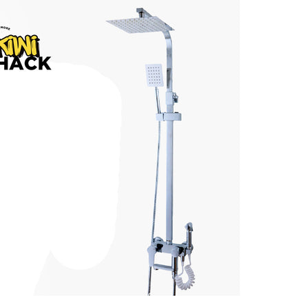 Shower set with a shower head and control handle on a white background, branded with 'Kiwi Shack'.