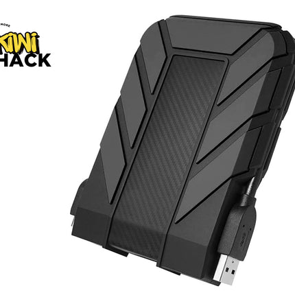 Black external hard drive with USB cable on a white background, featuring the Kiwi Shack logo.