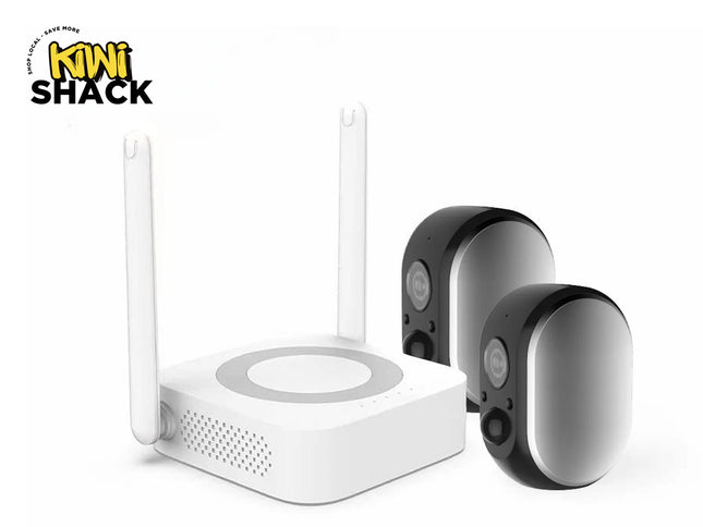 White electronic device with antennas and a black circular component on a white background, featuring 'Kiwi Shack' logo.