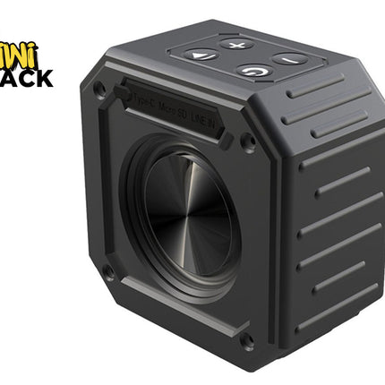 Black portable speaker with 'Kiwi Shack' logo on a white background