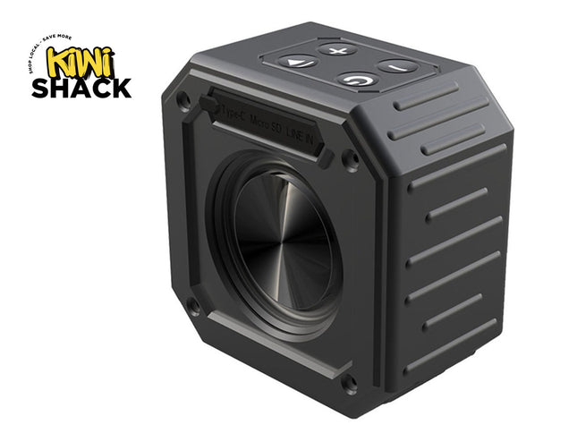 Black portable speaker with 'Kiwi Shack' logo on a white background