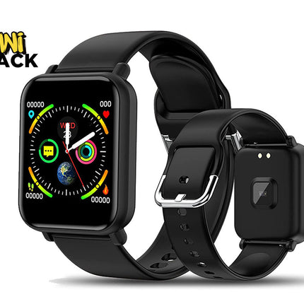 Two black smartwatches with square screens and silicone bands are displayed against a white background, with one showing the front face and colorful watch face UI, and the other showing the back sensor and buckle. A "Kiwi Shack" logo appears in the top-left corner.