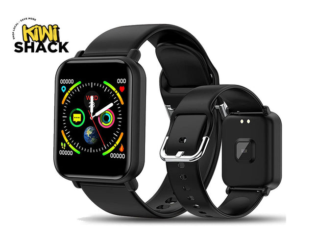 Two black smartwatches with square screens and silicone bands are displayed against a white background, with one showing the front face and colorful watch face UI, and the other showing the back sensor and buckle. A "Kiwi Shack" logo appears in the top-left corner.