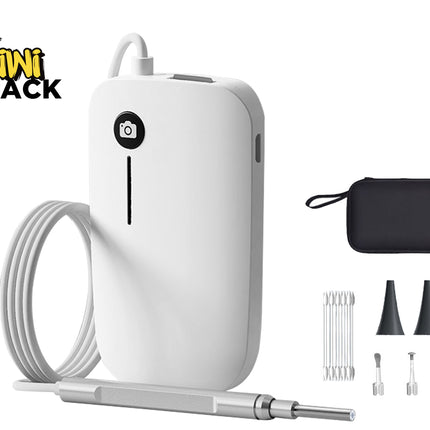 White electric oral irrigator with a coiled cord, metal probe, black carrying case, and multiple nozzle tips on a white background, with the Kiwi Shack logo in the top left corner.