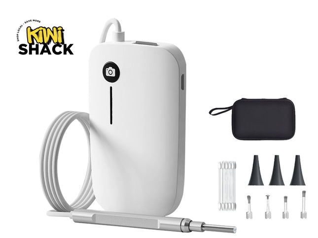 White electric oral irrigator with a coiled cord, metal probe, black carrying case, and multiple nozzle tips on a white background, with the Kiwi Shack logo in the top left corner.