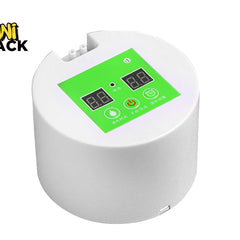 A white automatic smart watering timer pump device featuring a green control panel with dual digital displays, touch buttons, and dual water inlet/outlet ports on top against a white background, featuring the "Kiwi Shack" logo in the upper left corner.