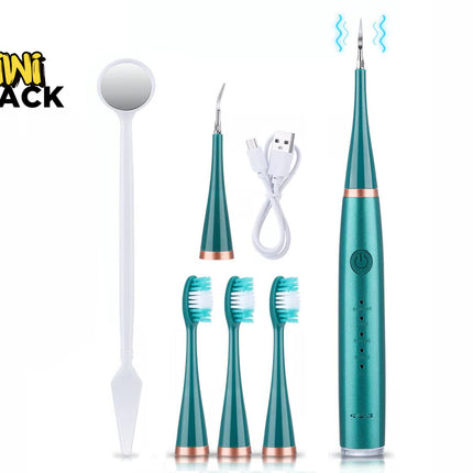 Kiwi Shack electric ultrasonic dental tartar remover and plaque cleaner kit with sonic toothbrush attachments and dental mirror.