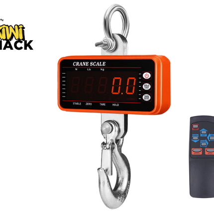 Digital crane scale with remote control on a white background, featuring the Kiwi Shack brand.