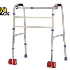 A silver aluminum rolling walker with four wheels, blue accents, and red handles on the front wheels, shown on a white background with the Kiwi Shack logo in the top left corner.