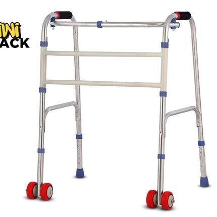 A silver aluminum rolling walker with four wheels, blue accents, and red handles on the front wheels, shown on a white background with the Kiwi Shack logo in the top left corner.