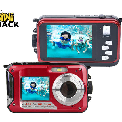 Red underwater camera with dual screens displaying underwater footage, branded 'Kiwi Shack'.