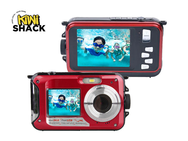 Red underwater camera with dual screens displaying underwater footage, branded 'Kiwi Shack'.