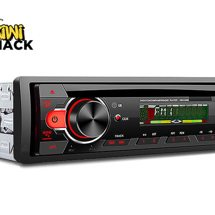 Car stereo system with control panel on a white background, featuring the Kiwi Shack logo.