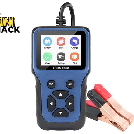 A blue and black Kiwi Shack battery tester diagnostic tool with a built-in cable and attached red and black clamps, shown on a white background with the Kiwi Shack logo in the top left corner.