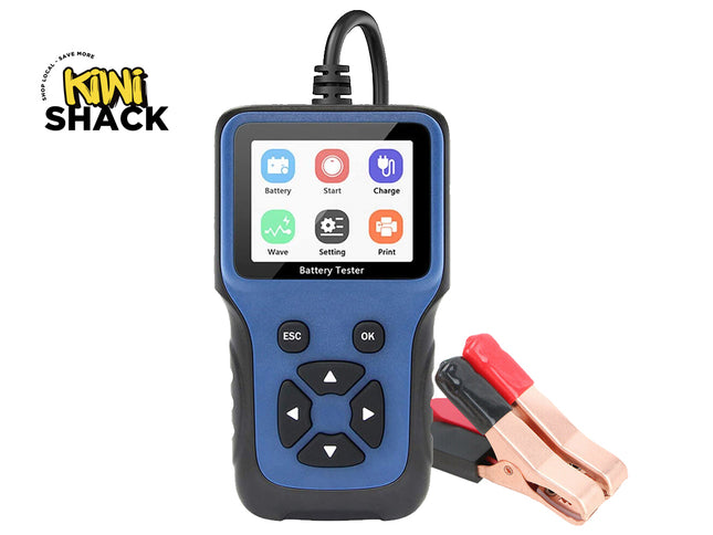 A blue and black Kiwi Shack battery tester diagnostic tool with a built-in cable and attached red and black clamps, shown on a white background with the Kiwi Shack logo in the top left corner.