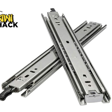 Metal drawer slides on a white background with 'Kiwi Shack' logo.