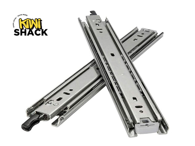 Metal drawer slides on a white background with 'Kiwi Shack' logo.
