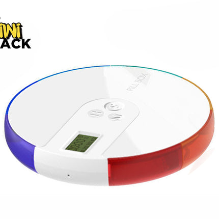 Kiwi Shack portable electronic timing medication reminder and multi-compartment daily pill organizer.
